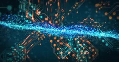 Elektrik mavisi veri akışı sola doğru yükseliyor ve ağ akışını gösteren devre izlerinden yükseliyor. Teknoloji, yenilik, dijital sanat, fütüristik, veri görselleştirme, siber, soyut