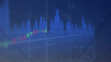 3 boyutlu şamdan ızgarasını başlatan dalga formu ve alacakaranlık kuleleri üzerindeki piyasanın yükselişini gösteren çubuklar. Fütüristik, veri görselleştirme, finansal, analitik, teknolojik, canlı, dijital