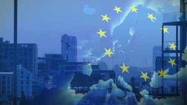 Avrupa 'da ortaya çıkan mavi renkli ufuk çizgisi ortaya çıkan yıldızlarda kayboluyor ve sendikayı vurgulamak için yanıp sönüyor. Kentsel, ufuk çizgisi, modern, mimari, hükümet, diplomasi, bağlantı
