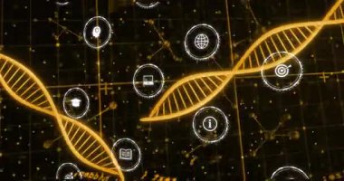 Dizide DNA sarmalını döndürmeye başlayın ve simgeler veri ağı oluştururken sürüklenin. Moleküler, teknoloji, animasyon, eğitim, fütürist, veri, bilim