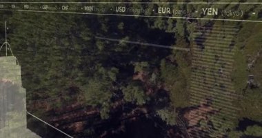 Başlangıçta finans, çam ağaçlarının üzerinden para kodlarını gösteren dalgalanan yükselen çubukları kaplamaktadır. Finansal, analitik, veri görselleştirme, yatırım, piyasa, dijital, teknoloji