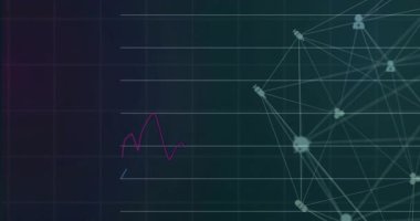 Grid etkinleştirici mor ve mavi çizgiler, yükselen çubuklar ve içgörü için görünen düğüm simgeleri. Veri, analitik, görselleştirme, teknoloji, arayüz, gösterge paneli, dijital