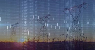 Başlangıçta şamdanlar iletim kuleleri üzerinde kayboluyor, verileri gösteren ışık patlaması altında dalgalanıyorlar. Kızılötesi, veri görselleştirme, endüstriyel, teknoloji, dijital, analitik, yenilik