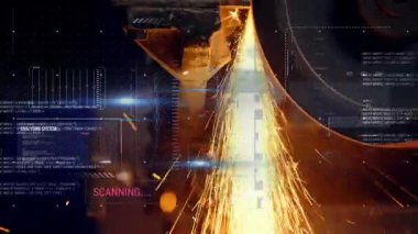 Dönen öğütücü tekerlek, el değnekleri kıvılcımlanırken ve akışı düzenlerken HUD taramasını başlatıyor. Makine, dijital, endüstriyel, teknoloji, üretim, hassasiyet, mühendislik