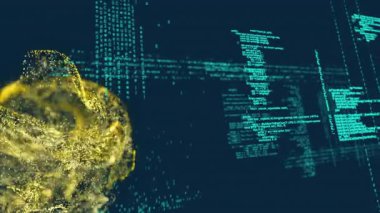 Kod panelleri kayarken ve sayılar yağmur yağarken sol tarafta altın parçacıklar oluşuyor. Teknoloji, siber uzay, veri görselleştirme, dijital sanat, soyut, geleceksel, yenilikçi