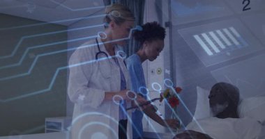 Hasta dosyalarını gösteren tableti tıkırdatan doktor, hastaya çiçek yerleştirirken hastayı rahatlatıyor. Tıbbi, sağlık, teknoloji, teletıp, modern, profesyonel, klinik