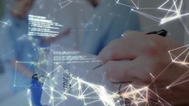 Mavi panodaki klinik yazılar ve hastaya danışılırken şifrenin örtülmesi. Sağlık, dijital, teknoloji, tanı, arayüz, tıp, yenilik