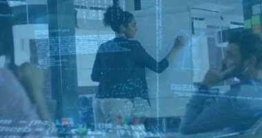 Proje yöneticisi işaretleyiciyi açıyor, takım için akış şemasını çiziyor, canlandırılmış kod gösteriliyor. İş, işbirliği, yenilik, dijital, strateji, iletişim, beyin fırtınası