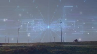 Ufkun üzerinde parlayan nokta enerji verilerini görmek için rüzgar çiftliğinde atımlara neden oluyor. Gelecekçi, teknoloji, yenilenebilir, görselleştirme, enerji, dijital, yenilik