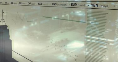 Şehir ışıklarının çizelgesi, para birimi kodlarının döngüsü, çubukların değişmesi, trendleri gösteren çizgi geçişi. Finansal, analitik, veri, görselleştirme, kentsel, modern, dijital