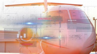 Jet parçacığı üzerinde yüksek çözünürlüğe başlayan sıcak ışık analizi tamamlayan düğümlere doğru genişliyor sonra da soluyor. Havacılık, teknoloji, güvenlik, veri görselleştirme, fütürizm, teftiş, gözetim