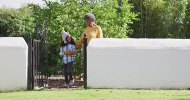 Mutlu Afrikalı Amerikalı torun ve büyükannenin bahçeden meyve sepeti taşıdığı video. Aile, aile hayatı ve birliktelik kavramı dijital olarak oluşturulmuş video.