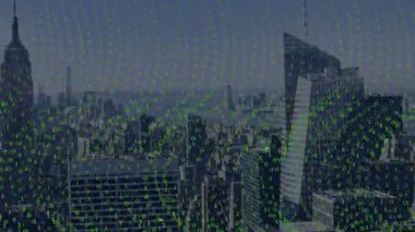 Başlangıçta yeşil çift haneli rakamlar ufuk çizgisini aşarak dalgaların yoğunlaşması ve verileri görselleştirmesi. Teknoloji, dijital, animasyon, şehir, fütüristik, siber, hareket