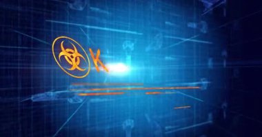 Biyolojik tehlike sembolü EBK 'da kayboluyor. Acil durum animasyonunda acil uyarı gerektiriyor. Teknoloji, siber güvenlik, dijital alarm, arayüz tasarımı, fütüristik, kriz, veri görselleştirme