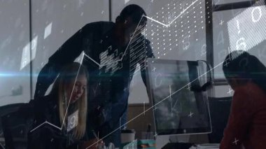 Veri örtüsü kaybolan erkek akranlarının iş analizini gösteren grafikler olarak kadınlara rehberlik etmek için yükselmesine yol açar. İşbirliği, takım çalışması, dijital, modern, profesyonel, konferans, beyin fırtınası