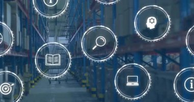 Kitap simgesi soluklaşması merdiven etrafında dönen ikonları tetikler ve depo eğitimini göstermek için nabız atar. Sanayi, lojistik, envanter, otomasyon, teknoloji, organizasyon, eğitim