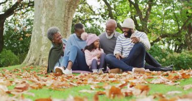 Mutlu Afrika kökenli Amerikalı anne ve baba ve kızının sonbahar bahçesinde büyükannesi ve büyükbabasıyla oturduğu video. Aile, aile hayatı ve birliktelik kavramı dijital olarak oluşturulmuş video.