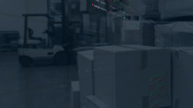 Sahne hareketsiz duruyor, sonra çubuklar kutular önünde yükselirken çizgi depo ölçümlerini görselleştiriyor. Analizler, veri görselleştirme, endüstriyel, lojistik, tedarik zinciri, fütüristik, dijital