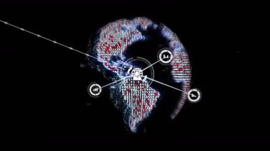 Veri küresi titreşiyor, sonra dalgalanıyor, dönüyor, bağlantı hatları gönderiyor, küresel düğüm ağı kuruyor. Teknoloji, bağlantı, siber alan, görselleştirme, zeka, dijital, yenilik