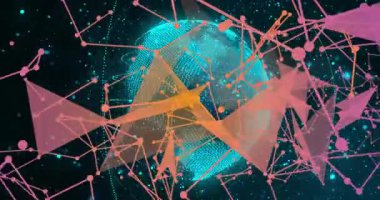 Başlangıçta turkuaz noktalı küre yüzüyor, pembe çizgiler titreşen düğümleri genişletiyor ve ağ genişliyor. Teknoloji, veri, yenilik, dijital, bağlantı, fütüristik, soyut