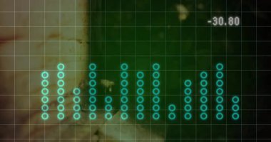 Değer sayan histogram sütunlarını gösteren mavi daireli yeşil ızgarayı gösteren arayüz açılışı. Analizler, veri görselleştirme, arayüz tasarımı, dijital gösterge paneli, teknolojik, modern, soyut
