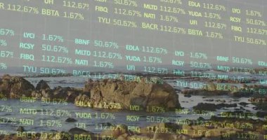 Başlangıçta, piyasa eğilimlerini göstermek için hisse senedi değerleri yüzde kaçarken kayalık çıkıntı sabit kalıyor. Çağdaş, sakin, dijital, soyut, deniz, analitik, yatıştırıcı