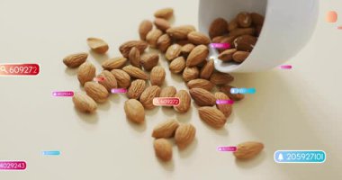 Dijital gereçler verileri görselleştirirken, konteyner bademleri masanın üstüne bırakıyor. Teknoloji, veri, analitik, dijital, modern, arayüz, bilgi