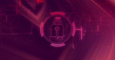 Çapraz pembe-mor çizgiler süpürüyor, ızgara çizgileri oluşuyor, asma kilit ortaya çıkıyor, güvenliği gösteriyor. Fütüristik, teknolojik, güvenlik, siber güvenlik, dijital, canlı, soyut