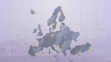 Limanın üzerinde şeffaf Avrupa haritasını gösteren azalma, nakliye merkezlerini gösteren parlayan yıldızlar. Coğrafya, lojistik, bağlantı, denizcilik, sanayi, altyapı, navigasyon