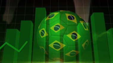 Başlangıç çubuklarında Brezilya 'nın stilize edilmiş top ve çizgi çizelgesinin arkasında yükselen dalgalanmalar futbol verilerini gösteriyor. Spor, veri görselleştirme, analitik, finansal, fütüristik, dijital, hareket grafikleri