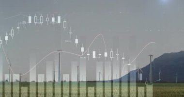 Yük şamdanlarında, histogramlarında ve çizgi grafiklerinde pazar eğilimlerini gösteren rüzgar türbinlerinin üzerini çiziyor. Yenilenebilir enerji, sürdürülebilirlik, finans, veri, analiz, teknoloji