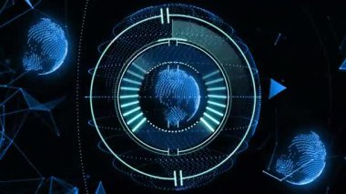 Oynatma küresi döndürüldüğünde, işlem çubuğu dolumu ve yükleme için ortaya çıkan kablo çerçevesi küreleri. Futuristik, teknoloji, görselleştirme, dijital, yenilik, ağ, arayüz