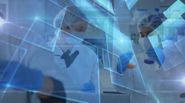 Araştırma laboratuarındaki bilim adamları analiz için mikroskop pipet örneklerine odaklanıyorlar. Yenilik, deney, kesinlik, keşif, teknoloji, biyokimya, işbirliği