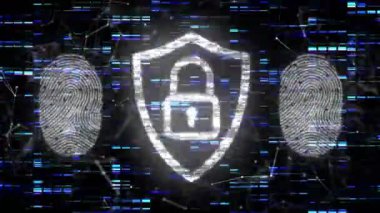 Şebeke titreşimi başlıyor, beyaz kalkan asma kilit simgesi oluşturuyor, titreşen parmak izleri girişi sağlıyor. Siber güvenlik, dijital kimlik, şifreleme, veri rotasyonu, ağ güvenliği, biyometrik, teknoloji
