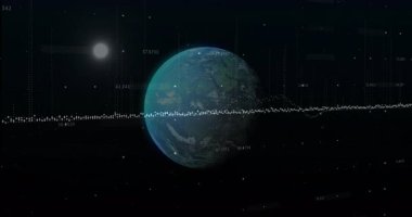 Gezegen görünümü üzerinde kayan dalga biçimi başlıyor, yükselen akarsular ve titreyen yıldızlar veri gösteriyor. Uzay, teknoloji, veri görselleştirme, fütüristik, astrofizik, soyut, yenilik