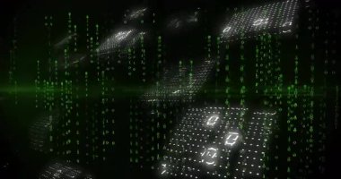 Veri akışını görselleştirmek için çift akımlı aydınlatma ve yeşil işaret fişeği taraması yapan panel ızgaraları. Siber güvenlik, dijital, teknoloji, fütürist, soyut, veri, kod