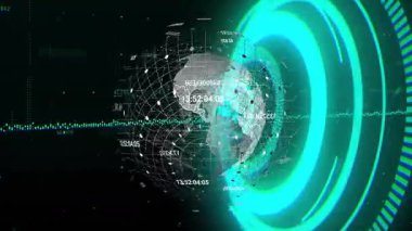Dünya dönmeye ve kodları açığa çıkarmaya başladığında dalga biçimi titreşim halkaları senkronize olarak verileri görselleştiriyor. Teknoloji, veri, dijital, görselleştirme, fütüristik, ağ, yenilik