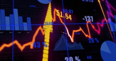 Yüklemede, gösterge paneli canlandırma eğilimi ortaya çıkıyor, çubuklar yükseliyor, pasta grafiği görselleştiriyor. Analizler, görselleştirme, modern, teknoloji, bilgi tablosu, gösterge paneli, veri