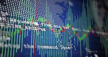 Mavi, yeşil çubukların büyümesi üzerine açılış, noktalı harita üzerine şamdan çizimi görselleştirme eğilimleri. Finansal, analitik, dijital, geleceksel, veri, teknoloji, yenilik