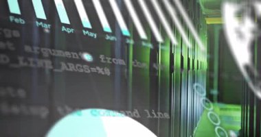 Kamera paneli sunucu rafı koridoru, solgunluk çizelgesi veri görselleştirmesi için aylık çubukları canlandırıyor. Teknoloji, veri, analitik, görselleştirme, siber güvenlik, dijital, endüstriyel