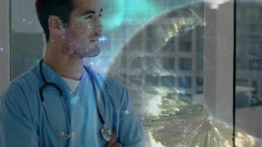 Ufuk çizgisinde 3 boyutlu bir küre belirleyen doktor rotasyon ve görselleştirme ağını izliyor. Sağlık, yenilik, bağlantı, teknoloji, profesyonellik, kentsel, geleceksel