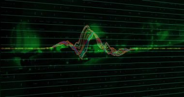 Başlangıçta renkli dalga formları zirveye ulaşıyor ve dijital şebekede salınıyor verileri görselleştiriyor. Veri, görselleştirme, teknoloji, analitik, gelecekçilik, dijital, bilgi