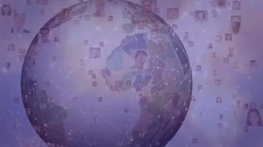 Küresel dönüşümlü yüzen portre resimleri ve bağlantı çizgileri. Teknoloji, bağlantı, veri, dijital, siber alan, ağ, yenilik