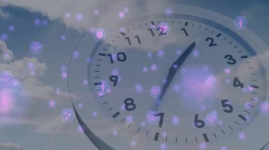 Mor simgeler solduğunda, saat elleri ilerler ve zaman ilerlemesini gösteren simgeler yüzer. Zaman, ilerleme, yenilik, teknoloji, dinginlik, sakinlik, navigasyon