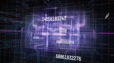 Sayısal dizilim yüzen nabız gibi görünüyor. Menekşe ızgarasında geri çekiliyor. Veri akışını gösteriyor. Siber güvenlik, teknoloji, dijital, veri, yenilik, fütüristik, ağ