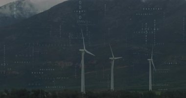 Kaplama sinyaliyle, üç rüzgar türbini sürekli yüzen ikili kod altında dönüyor. Yenilenebilir, teknoloji, ekolojik, geleceksel, enerji, altyapı, sürdürülebilirlik