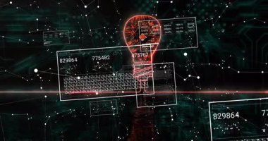Kırmızı neon ampulü tarama hattı olarak soluyor paneller boyunca süpürüyor ve sürekli güncellenen verileri açığa çıkarıyor. Teknoloji, yenilik, fütürizm, siber güvenlik, veri görselleştirme, dijital arayüz, siber ağ