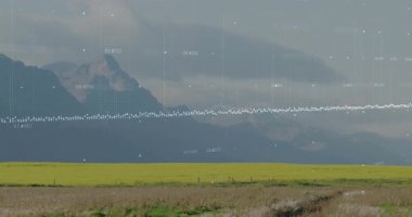 Çizgi ortaya çıktıktan sonra, dalga formunda titreşen noktalar sağa kayıyor, işaretler yanıp sönüyor ve verileri gösteriyor. Doğa, manzara, veri görselleştirme, dijital kaplama, kırsal, sükunet, organik