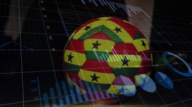 El, çerçeveye giriyor futbol topunu yakalıyor ve mavi çizelge elementlerini canlandırırken döndürüyor. Veri, görselleştirme, analitik, finans, iş, teknoloji, dijital