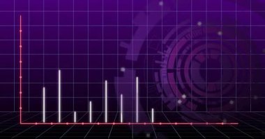 Başlangıçta mor ızgara kırmızı baltalar beyaz çubuklar pembe noktalar şeklinde görünüyor verinin çekildiğini gösteren tepeler. Futuristik, veri görselleştirme, soyut, dijital, teknoloji, hareket grafikleri, analitik